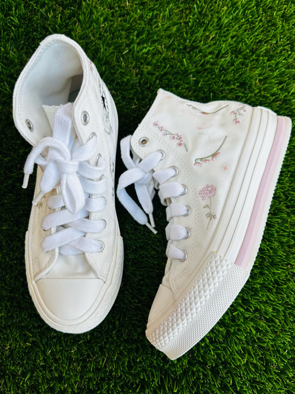 Converse White High-Top Sneakers with Pink Floral Accents
